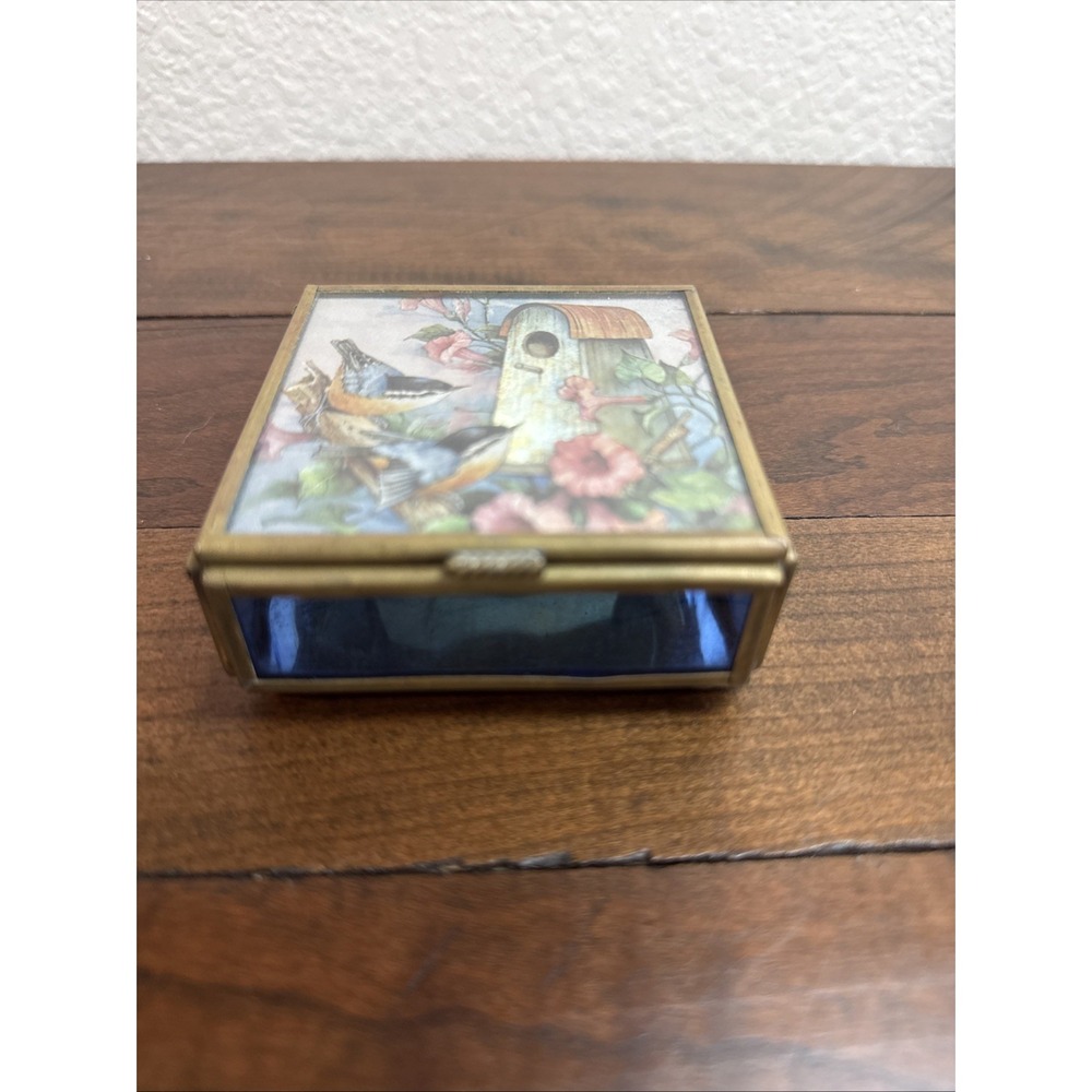 Vintage Tinted Blue Glass Brass & Mirror Blue Birds Flower Trinket Box 3x3"